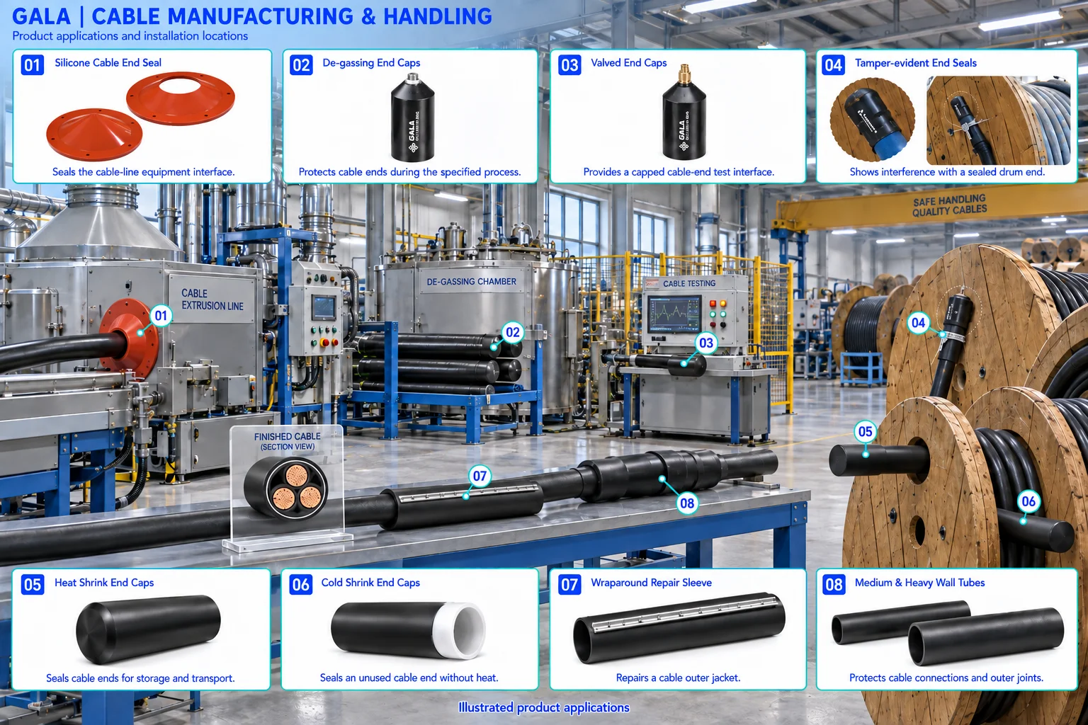Cable Manufacturing & Handling application illustration showing silicone cable end seal, de-gassing end caps, valved end caps, tamper-evident end seals, heat shrink end caps, cold shrink end caps, wraparound repair sleeve, medium & heavy wall tubes.