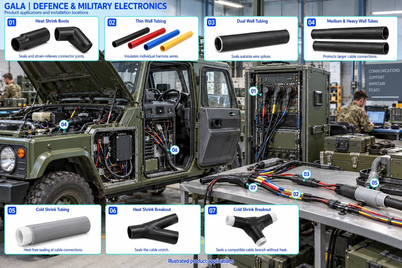 Defence & Military Electronics application illustration showing heat shrink boots, thin wall tubing, dual wall tubing, medium & heavy wall tubes, cold shrink tubing, heat shrink breakout, cold shrink breakout.
