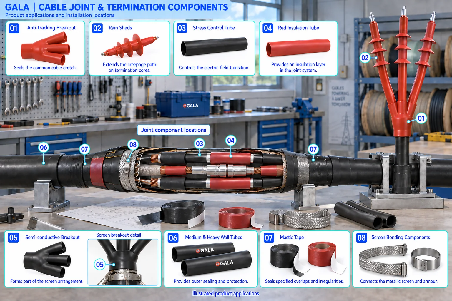 Cable Joint & Termination Components application illustration showing anti-tracking breakout, rain sheds, stress control tube, red insulation tube, semi-conductive breakout, medium & heavy wall tubes, mastic tape, screen bonding components.