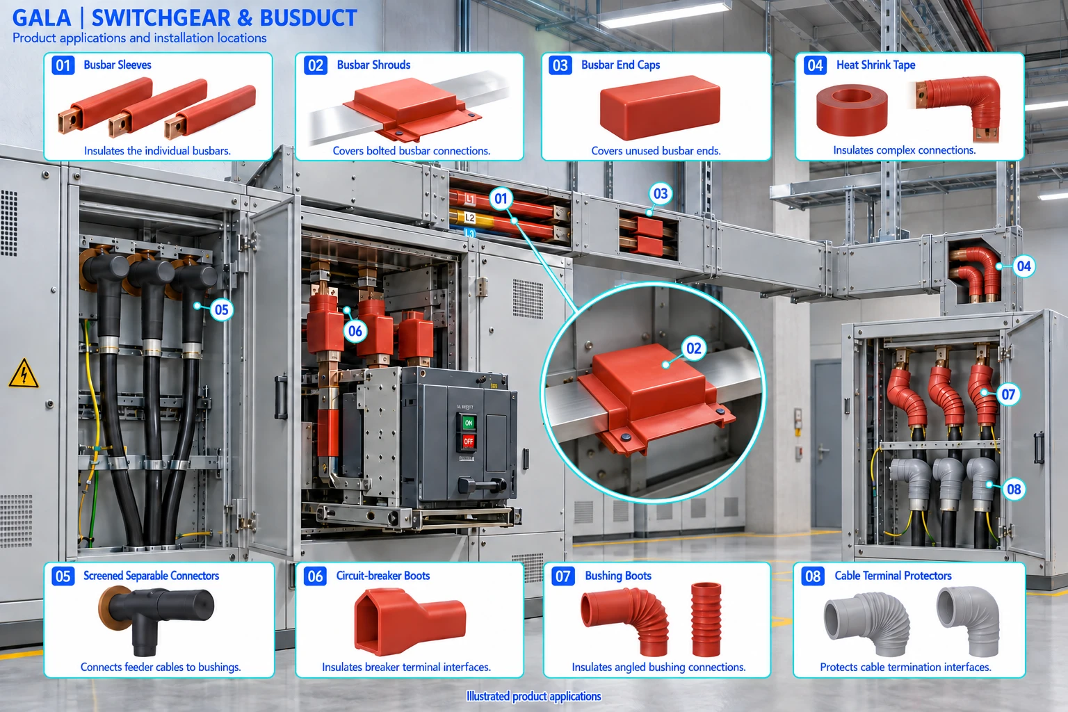 Switchgear & Busduct application illustration showing busbar sleeves, busbar shrouds, busbar end caps, heat shrink tape, screened separable connectors, circuit-breaker boots, bushing boots, cable terminal protectors.