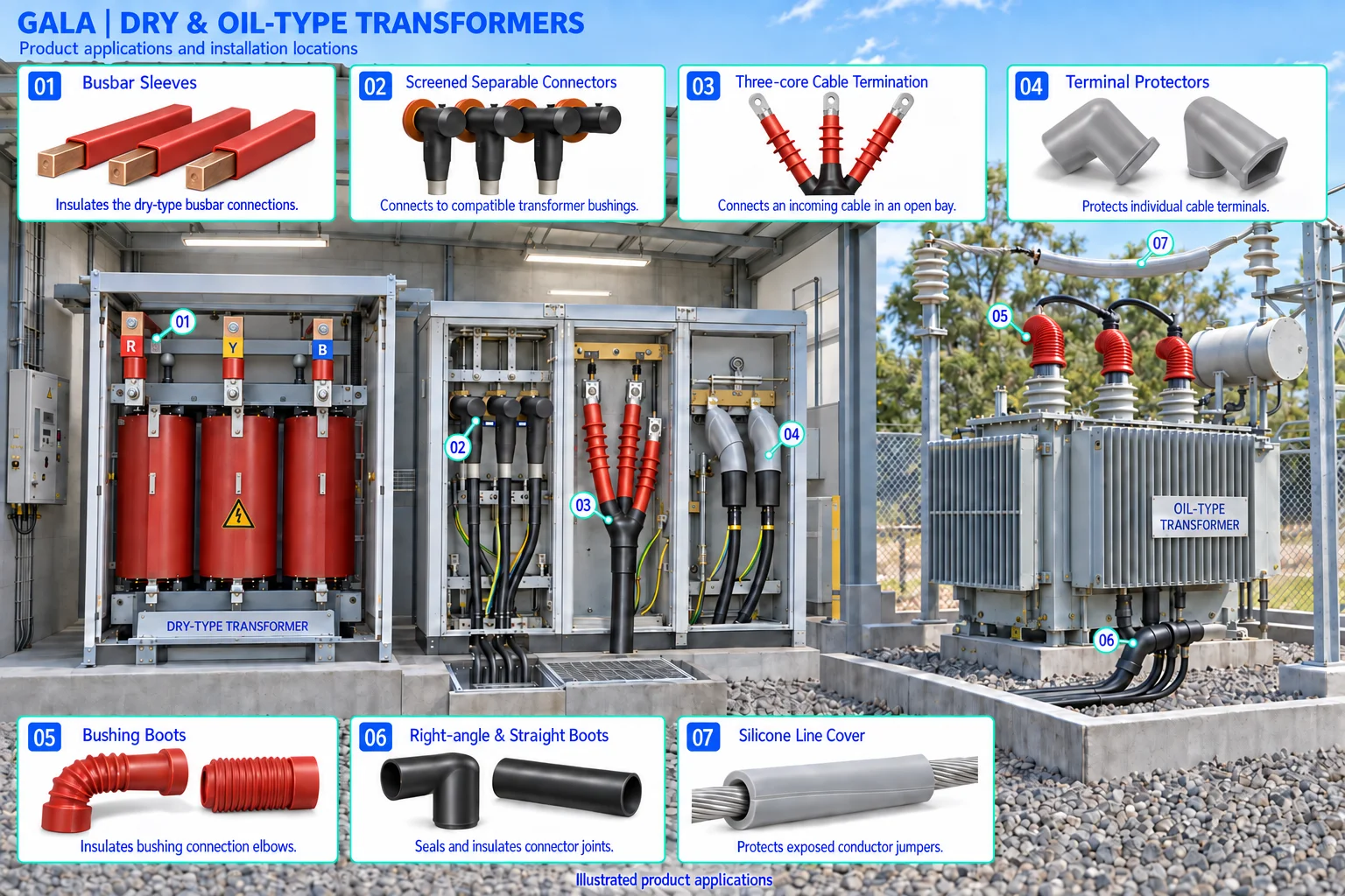 Dry & Oil-type Transformers application illustration showing busbar sleeves, screened separable connectors, three-core cable termination, terminal protectors, bushing boots, right-angle & straight boots, silicone line cover.