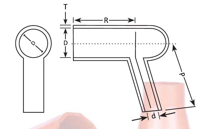Outline of the GRB right angle boot: end view and side view with diameters D and d, wall T, lengths R and P