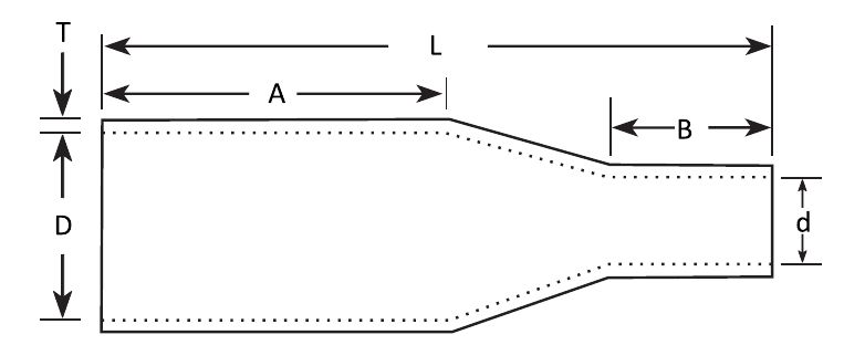 Outline of the GSB straight boot: large diameter D, small diameter d, wall T, lengths A, B and overall L