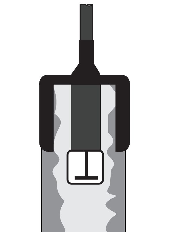 Cut-away of an anode cap shrunk over the top of an anode, sealing around the lead wire where it leaves the anode