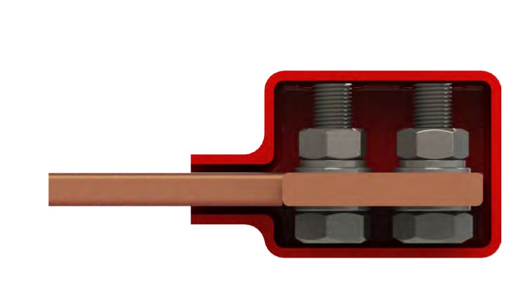 Cut-section of a red BUSBOOT mounted over a bolted busbar joint, showing the bolts and nuts enclosed