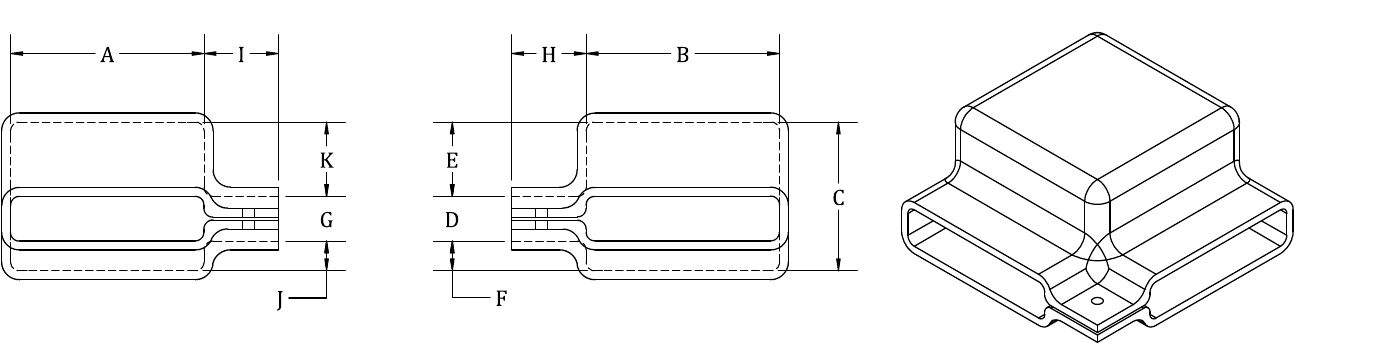 Two orthographic views and an isometric of the L-centered BUSBOOT, dimensions A to K
