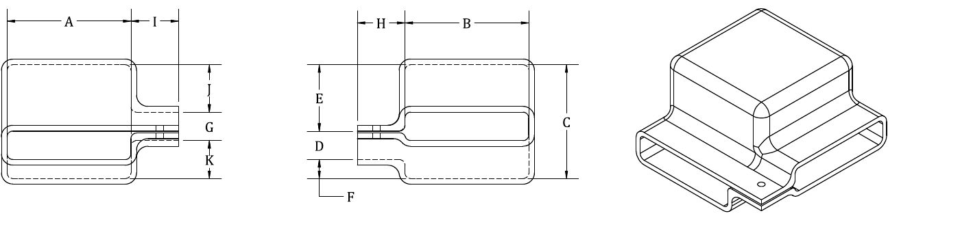 Two orthographic views and an isometric of the L off-centered BUSBOOT, dimensions A to K