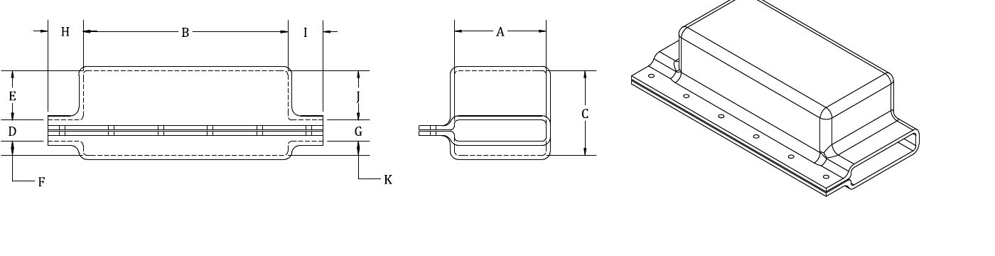 Two orthographic views and an isometric of the straight centered BUSBOOT, dimensions A to K