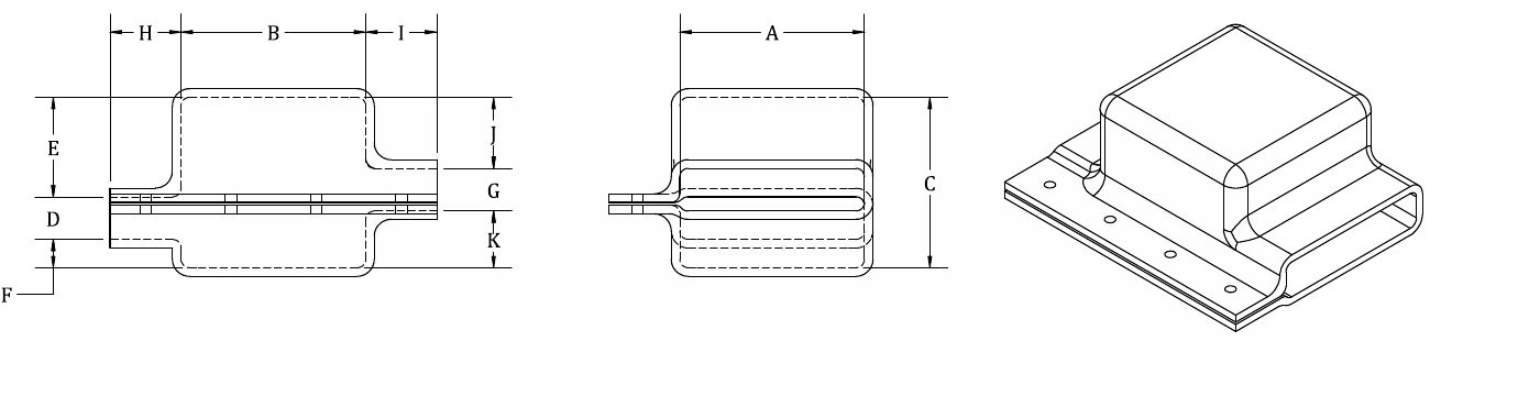 Two orthographic views and an isometric of the straight off-centered BUSBOOT, dimensions A to K