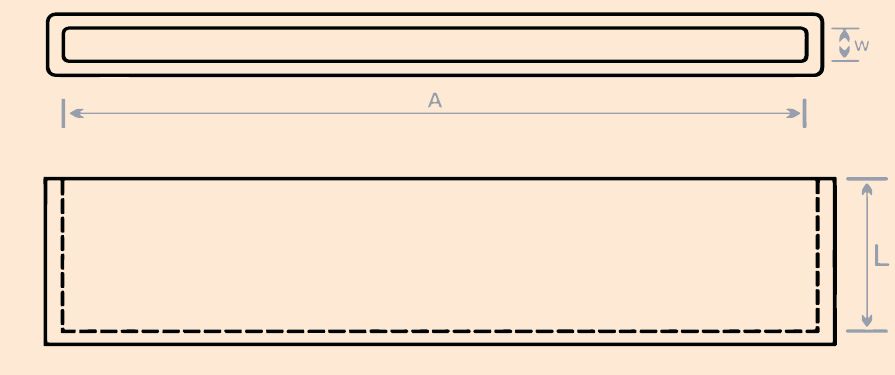 Top and side outline of the BUSCAP end cap: opening width A, wall W and depth L