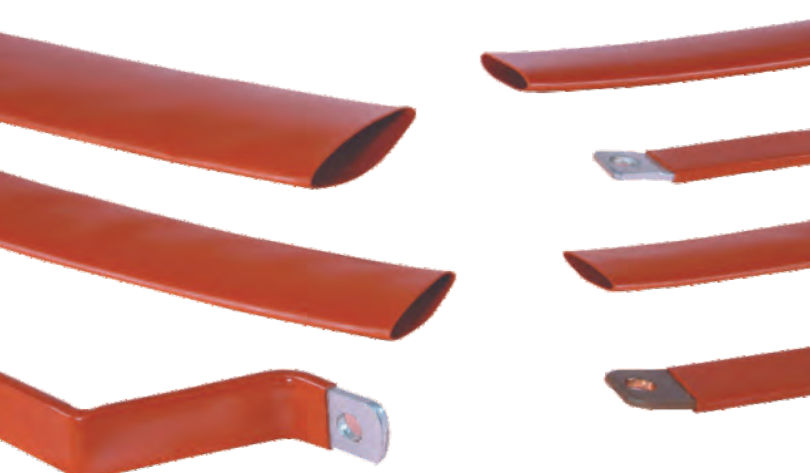 Brick-red extra heavy wall busbar sleeve: loose flattened lengths and flat busbars sleeved in the tube with drilled ends bare
