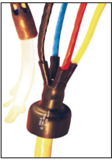 A low-voltage heat-shrink termination on a multi-core cable: brown breakout at the crutch, cores sleeved in coloured insulating tubing
