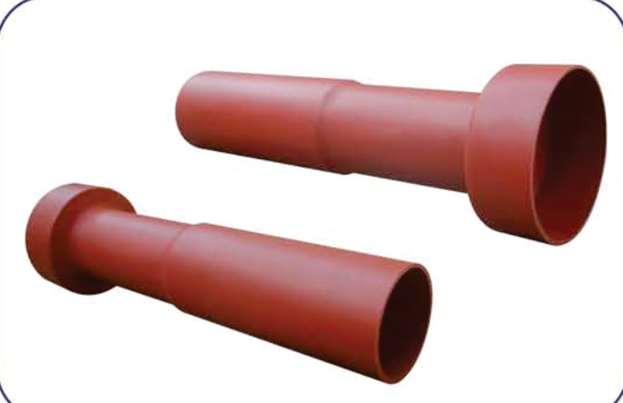 Two red-brown polyolefin insulation boots for draw-out circuit breaker contacts, flanged at one end