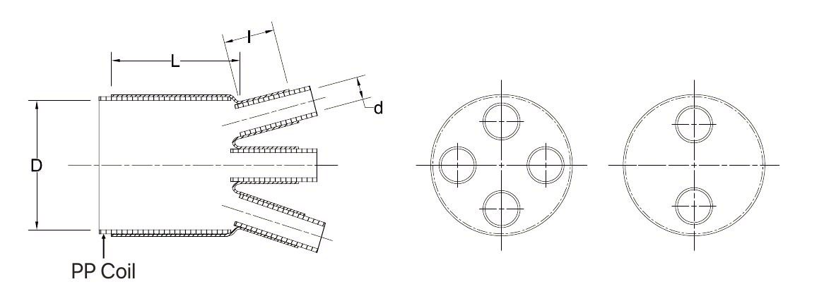Dimension drawing of the cold shrink breakout as supplied on its PP coil: body diameter D, finger diameter d, body length L and finger length l, with end views of the four-finger and two-finger layouts