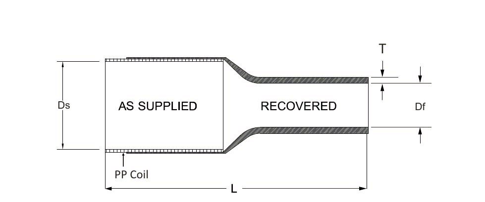 Dimension drawing of the cold shrink EPDM tube: as supplied on its PP coil with diameter Ds, recovered with diameter Df and wall thickness T, overall length L