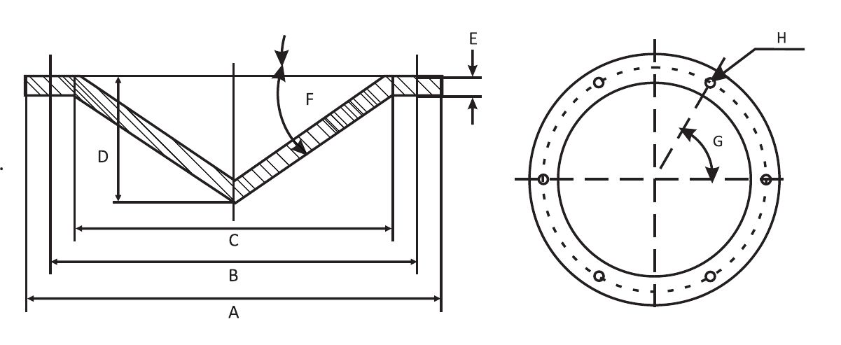 Dimension drawing of the CV gasket: section showing outer diameter A, bolt circle B, cone diameter C, depth D, flange thickness E and cone angle F, with a face view showing hole pitch angle G and bolt holes H