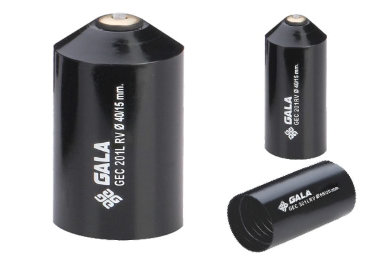 Three black INSULCAP De-gassing end caps with a brass relief valve at the domed tip, printed GEC 201L RV and GEC 301L RV