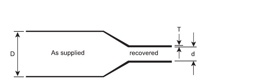 Dimension drawing of GLC thin wall tube: the tube as supplied with internal diameter D, and after free recovery with internal diameter d and wall thickness T.