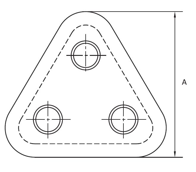 Plan view of a tri-core rain shed: a rounded triangle with three collar openings, overall height A from base to apex