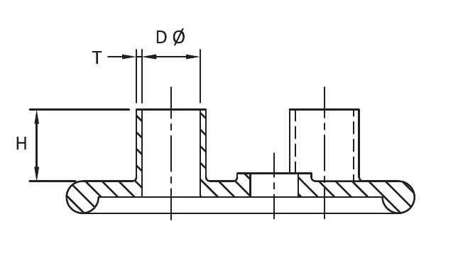 Section through a tri-core rain shed: the shed base with a raised collar for each core, collar bore D, wall thickness T and collar height H