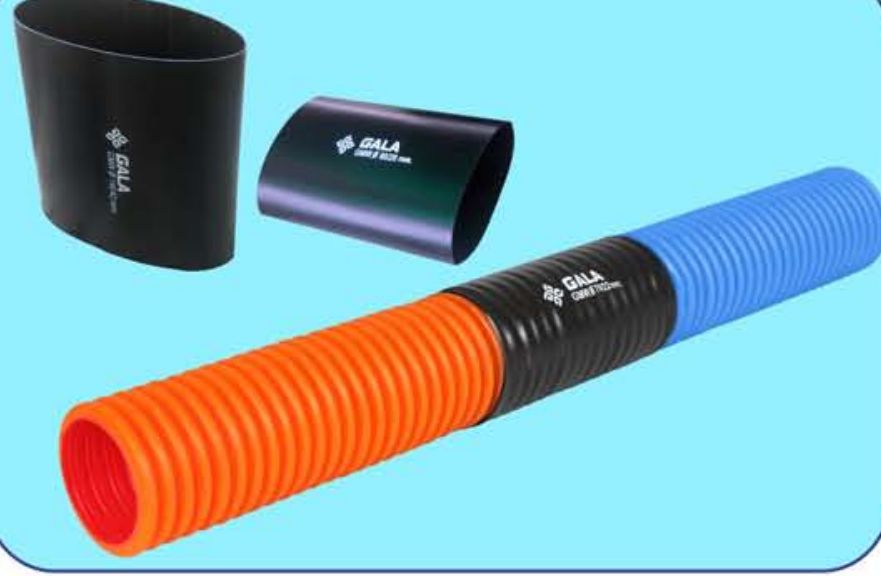 Two heat shrink couplers as supplied, and a coupler shrunk over the joint between an orange and a blue corrugated HDPE pipe