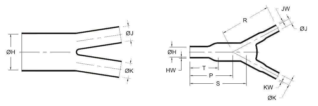 Line drawing of the 2 Way Boot (GH2B) heat shrink boot, as supplied (a moulded tube) and after recovery (a boot dividing into two outlets), with the body, finger, length and wall dimensions lettered as in its selection chart