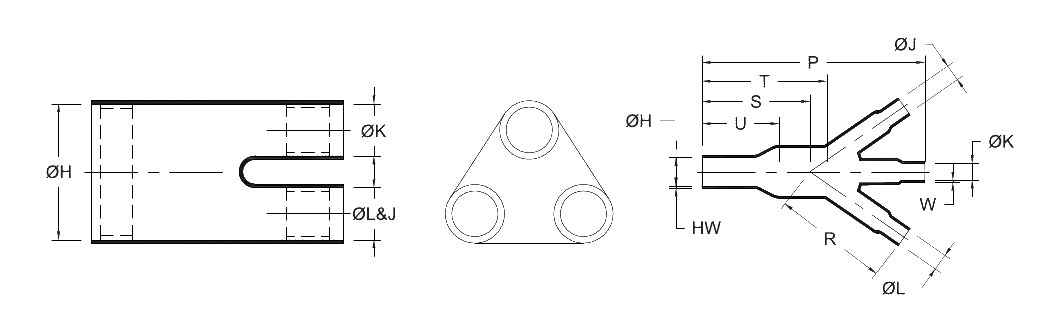 Line drawing of the 3 Way Boot (GH3B) heat shrink boot, as supplied (a moulded tube) and after recovery (a boot dividing into three outlets), with the body, finger, length and wall dimensions lettered as in its selection chart