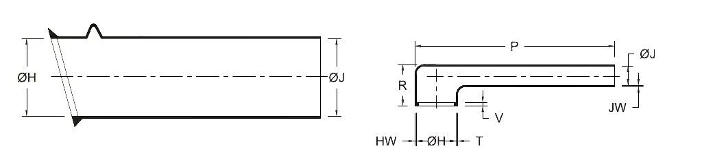 Line drawing of the L Type Boot (GHLB1/L) heat shrink boot, as supplied (a moulded tube) and after recovery (a low-profile L-shaped boot), with the body, finger, length and wall dimensions lettered as in its selection chart
