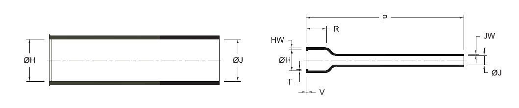 Line drawing of the P Type Boot (GHPB/L) heat shrink boot, as supplied (a moulded tube) and after recovery (a short lipped cup with a long narrow tail), with the body, finger, length and wall dimensions lettered as in its selection chart