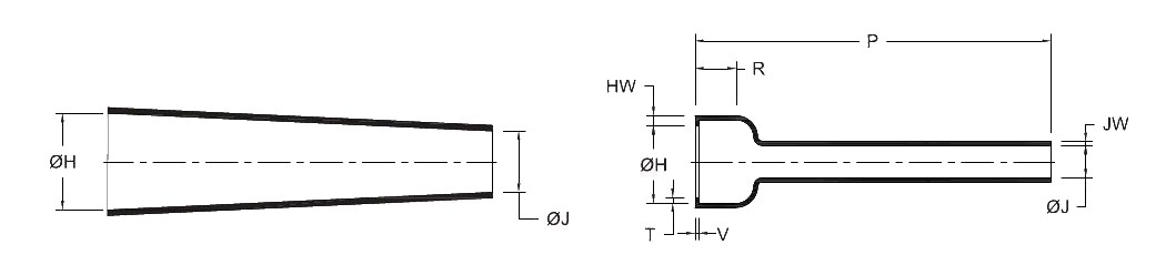 Line drawing of the P Type Boot (GHPB1/L) heat shrink boot, as supplied (a moulded tube) and after recovery (a lipped cup with a long narrow tail), with the body, finger, length and wall dimensions lettered as in its selection chart