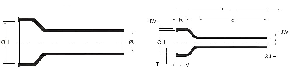 Line drawing of the P Type Boot (GHPB2/L) heat shrink boot, as supplied (a moulded tube) and after recovery (a lipped cup stepping down to a long narrow tail), with the body, finger, length and wall dimensions lettered as in its selection chart