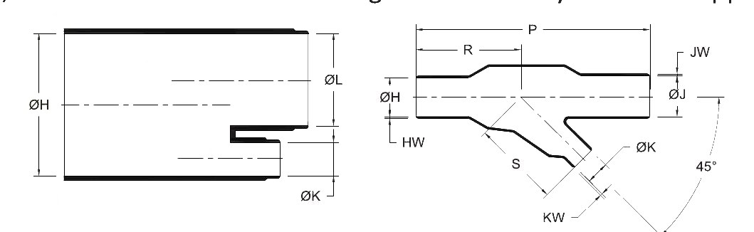 Line drawing of the Q Type Boot (GHQB) heat shrink boot, as supplied (a moulded tube) and after recovery (a straight boot with a branch leaving at 45°), with the body, finger, length and wall dimensions lettered as in its selection chart