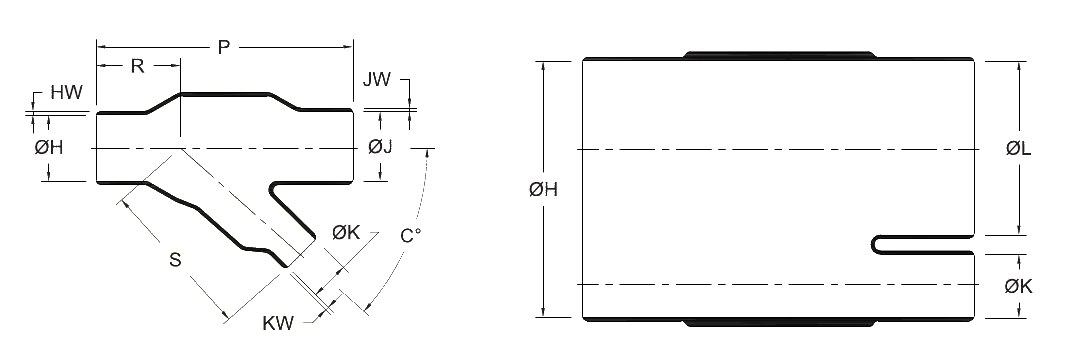 Line drawing of the Q Type Boot, 30° bifurcated (GHQB1) heat shrink boot, as supplied (a moulded tube) and after recovery (a straight boot with an angled branch), with the body, finger, length and wall dimensions lettered as in its selection chart