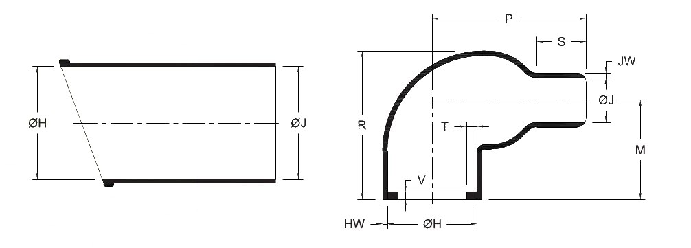 Line drawing of the Right Angle Boot With Lip (GHRB/L) heat shrink boot, as supplied (a moulded tube) and after recovery (a 90° elbow with a lip at the connector end), with the body, finger, length and wall dimensions lettered as in its selection chart