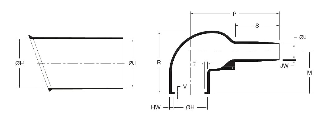 Line drawing of the Right Angle Boot With Lip & Rib (GHRB/LR) heat shrink boot, as supplied (a moulded tube) and after recovery (a 90° elbow with a lip and rib at the connector end), with the body, finger, length and wall dimensions lettered as in its selection chart