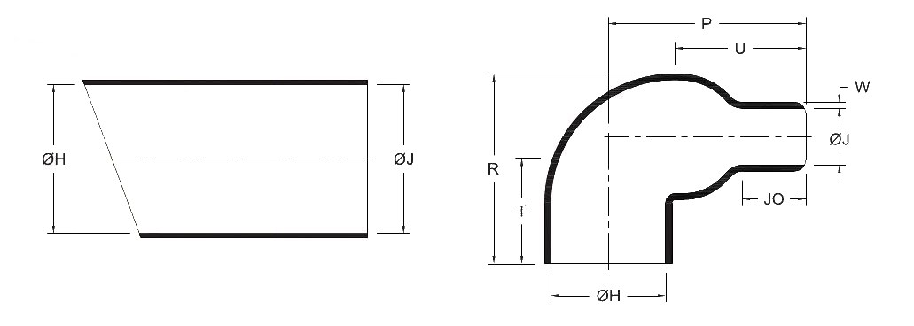 Line drawing of the Right Angle Boot (GHRB) heat shrink boot, as supplied (a moulded tube) and after recovery (a 90° elbow), with the body, finger, length and wall dimensions lettered as in its selection chart