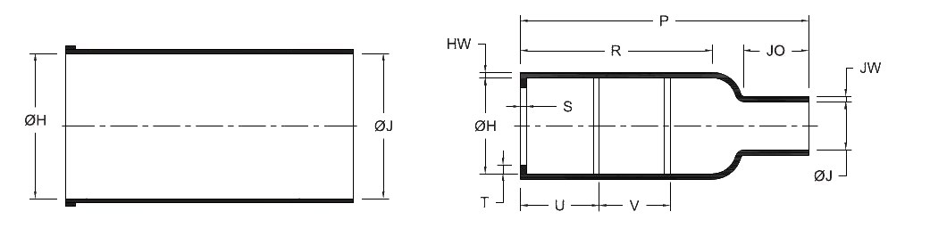 Line drawing of the Straight Boot With Lip (GHSB/L) heat shrink boot, as supplied (a moulded tube) and after recovery (a straight boot with a lip at the connector end), with the body, finger, length and wall dimensions lettered as in its selection chart