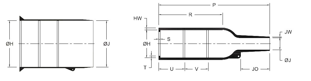 Line drawing of the Straight Boot With Lip & Rib (GHSB/LR) heat shrink boot, as supplied (a moulded tube) and after recovery (a straight boot with a lip and ribs at the connector end), with the body, finger, length and wall dimensions lettered as in its selection chart