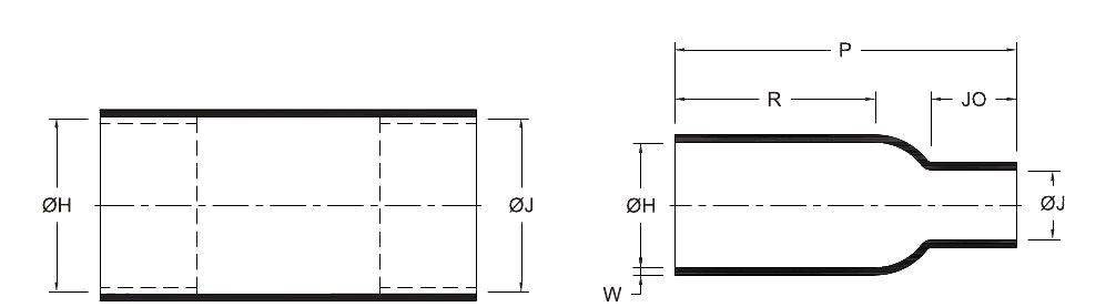 Line drawing of the Straight Boot (GHSB) heat shrink boot, as supplied (a moulded tube) and after recovery (a straight boot stepping down from body to neck), with the body, finger, length and wall dimensions lettered as in its selection chart