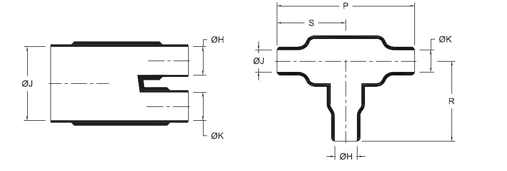 Line drawing of the T Type Boot (GHTB) heat shrink boot, as supplied (a moulded tube) and after recovery (a T-shaped boot), with the body, finger, length and wall dimensions lettered as in its selection chart