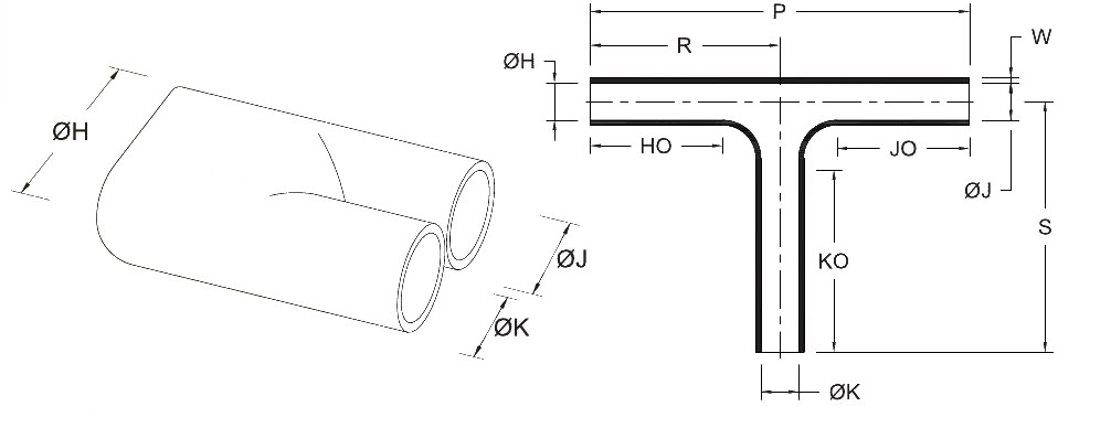 Line drawing of the T Type Boot (GHTB1) heat shrink boot, as supplied (a moulded tube) and after recovery (a thin-wall T-shaped boot), with the body, finger, length and wall dimensions lettered as in its selection chart