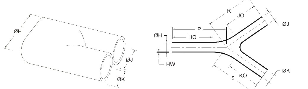 Line drawing of the Y Type Boot (GHYB) heat shrink boot, as supplied (a moulded tube) and after recovery (a thin-line Y-shaped boot), with the body, finger, length and wall dimensions lettered as in its selection chart