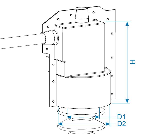 Outline drawing of a bus connection bushing cover fitted over a bushing, dimensioned H (height), D1 and D2 (openings at the base)