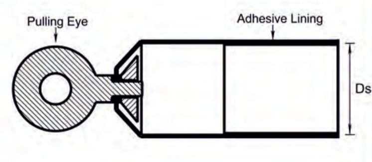 Drawing of the end cap with cable pulling eye: the steel pulling eye anchored through the cap end, the adhesive lining, and internal diameter Ds as supplied