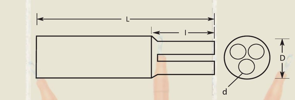 Outline of a 3-core breakout: overall length L, finger length l, body diameter D and finger diameter d, with an end view of the three fingers