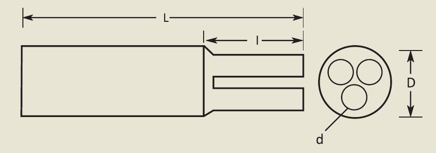 Outline drawing of a three-finger semi-conductive breakout: overall length L, finger length l, with an end view showing body diameter D and finger diameter d