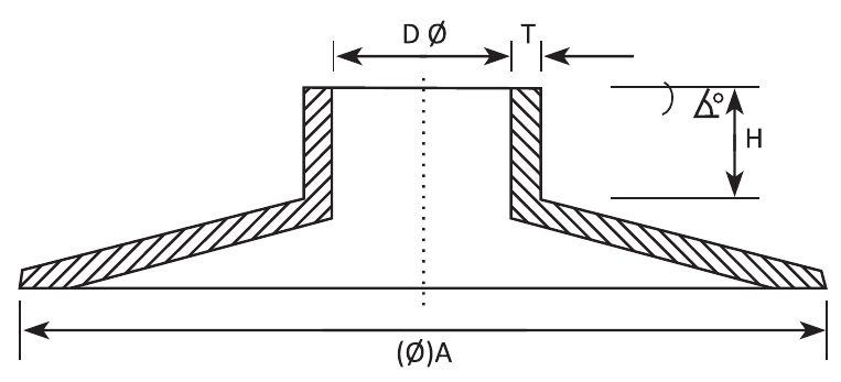 Section drawing of a rain shed: bore diameter D and wall T of the collar, collar height H, skirt angle, and overall skirt diameter A