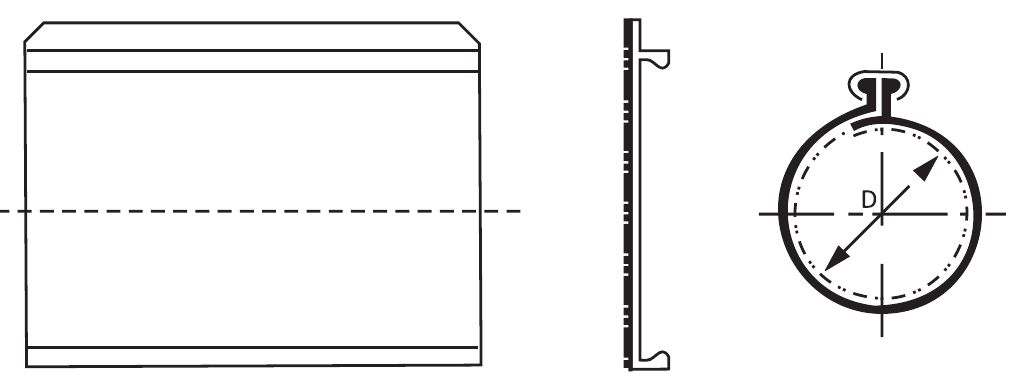 Drawings of the INSULSLEEVE wrap-around sleeve: the flat sheet, the stainless-steel channel profile, and the closed sleeve in section with its diameter D