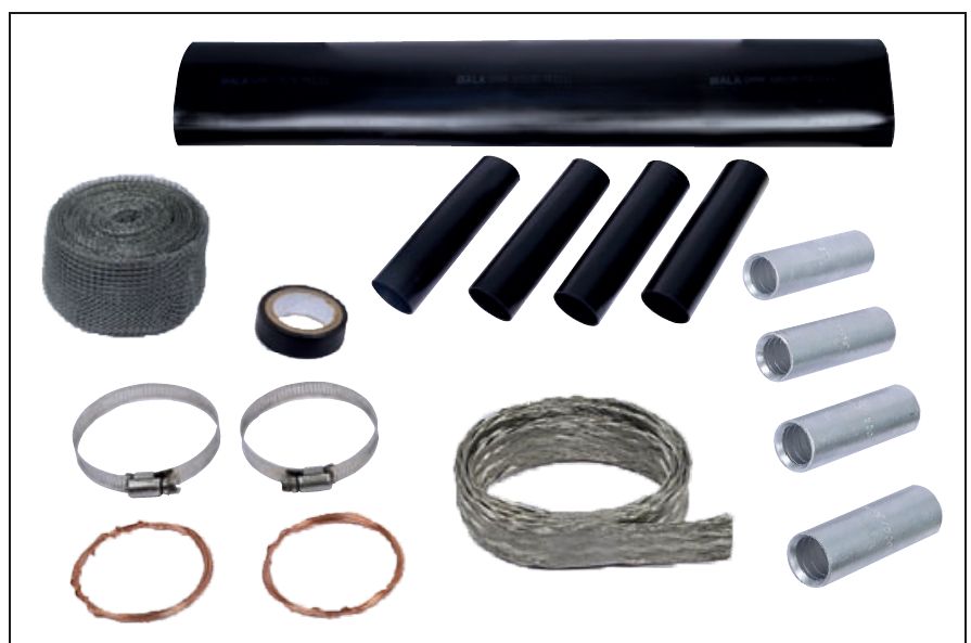 Contents of a GALA 1.1 kV four-core straight-through joint kit: a black GALA outer jacketing sleeve, four black insulating sleeves, four aluminium inline ferrules, a roll of wire mesh, tinned copper braid, two worm drive clamps, copper binding wire and a roll of tape