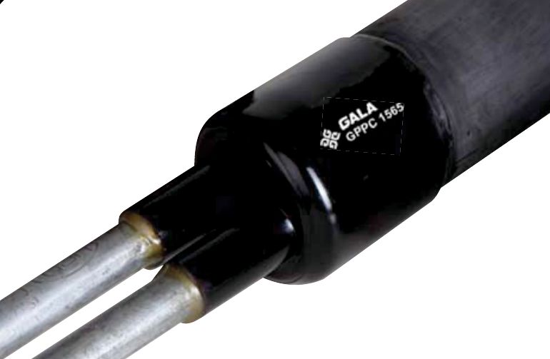 Double-outlet pipe sealing cap shrunk over a pre-insulated pipe carrying two service pipes